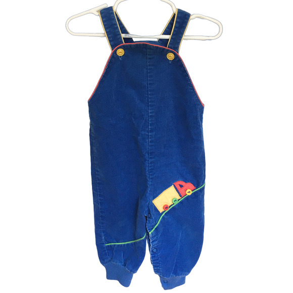 VTG 80s CARTER'S Truck Theme Corduroy Bubble Overalls in Blue USA SZ 12M - Picture 1 of 10